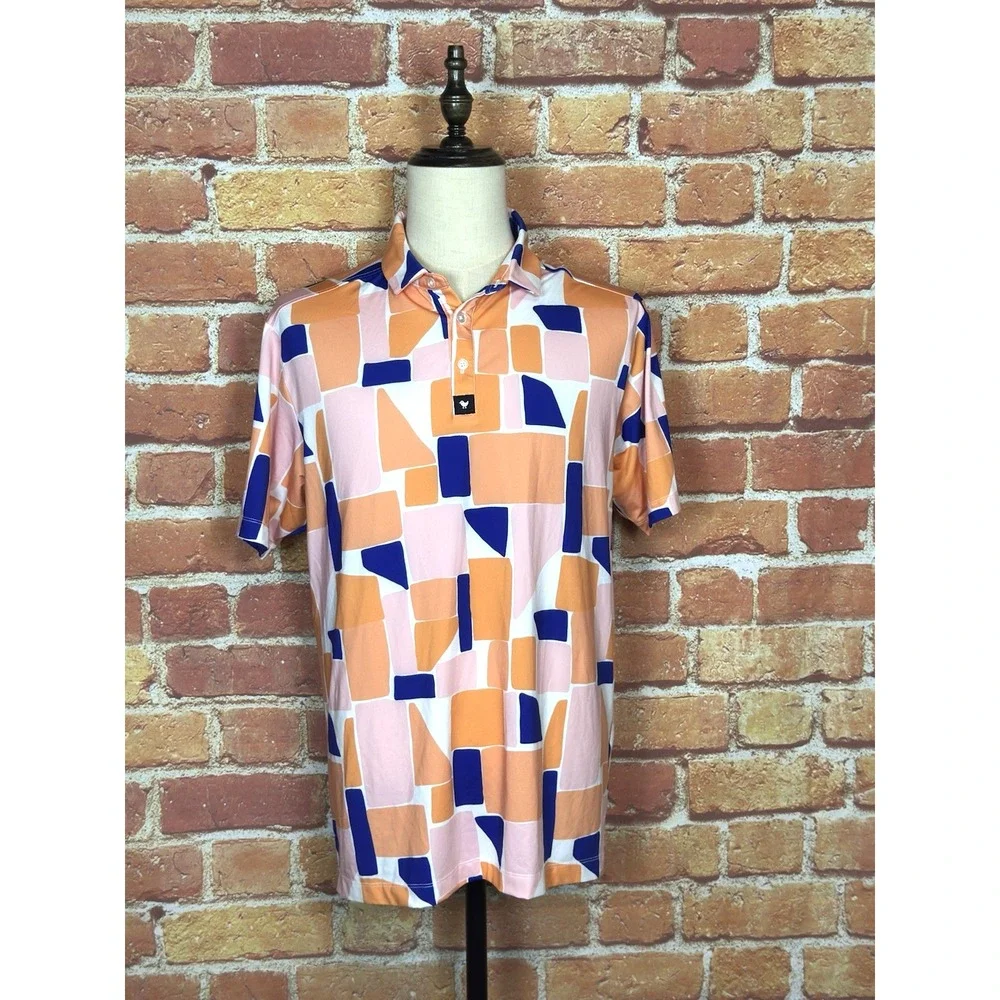Bad Birdie Catalina 4 Way Stretch Golf Polo Shirt Geometric Orange Men's XL